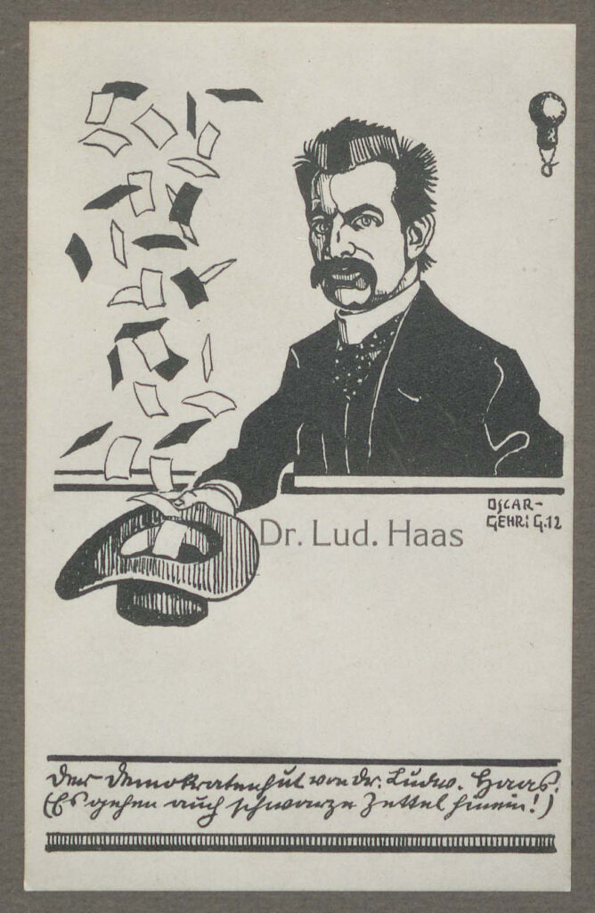 Autotypie nach einer Zeichnung von Oscar Gehrig 1912. Bildunterschrift: "Der Demokratenhut von Dr. Ludw. Haas. (Es gehen auch schwarze Zettel hinein!)" © Wikimedia