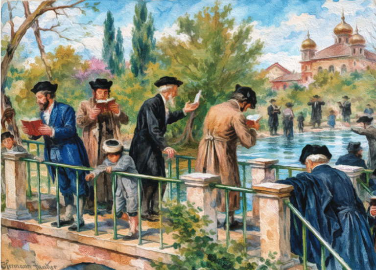 Cover des Newsletter vom LBI Jerusalem: Cover Image: Salfeld Postcard Collection: [Judaism depicted by Hermann Junker]. Taschlich: Gebet am Wasser, Colorized using artificial intelligence
